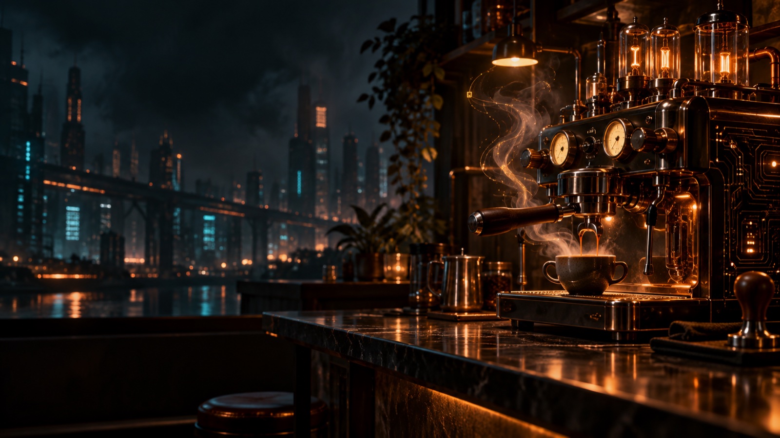 A copper cyberpunk espresso machine overlooking a neon city